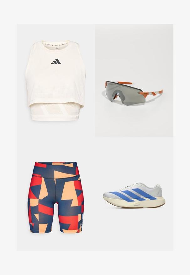 White athletic crop tank top made from breathable fabric. Features a round neckline, perforated texture, and a black logo on the front.; Colorful, patterned shorts featuring abstract shapes in navy, red, and peach tones. Made of stretch fabric with a smooth texture.; White athletic shoe with blue stripes, textured upper, flat sole, and "LIGHTSTRIKE PRO" branding on the side. Low-profile design.; Sport sunglasses with a gray lens, orange accents, and patterned white arms. Designed for performance with a wraparound shape.