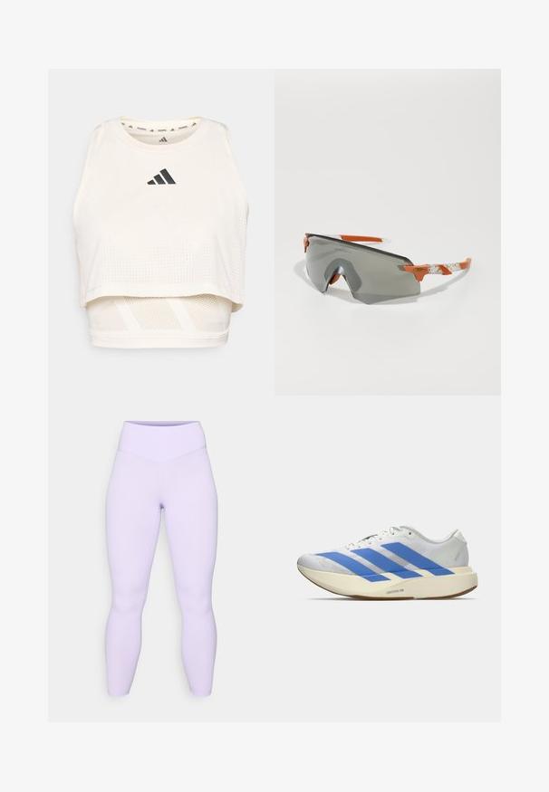 Hvid atletisk crop top lavet af åndbart stof. Har en rund halsudskæring, perforeret tekstur og et sort logo på fronten.; Lilla leggings med høj talje, glat tekstur og en tætsiddende design, der strækker sig til anklerne uden synlige sømme eller mønstre.; Hvid atletisk sko med blå striber, struktureret overdel, flad sål og "LIGHTSTRIKE PRO" branding på siden. Lavprofil design.; Sports solbriller med grå linse, orange accenter og mønstrede hvide arme. Designet til præstation med en rundt om form.
