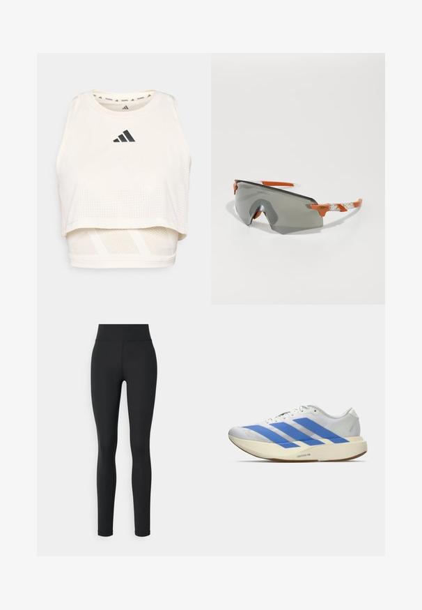 White athletic crop tank top made from breathable fabric. Features a round neckline, perforated texture, and a black logo on the front.; Black leggings made from a stretchy material with a high waistband, featuring a smooth texture and no visible patterns or accents.; White athletic shoe with blue stripes, textured upper, flat sole, and "LIGHTSTRIKE PRO" branding on the side. Low-profile design.; Sport sunglasses with a gray lens, orange accents, and patterned white arms. Designed for performance with a wraparound shape.