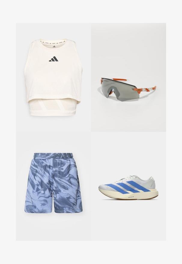 Hvid atletisk crop top lavet af åndbart stof. Har en rund halsudskæring, perforeret tekstur og et sort logo på fronten.; adidas Performance SELECT SHORT - Korte sportsbukser - blue spark/preloved ink; Hvid atletisk sko med blå striber, struktureret overdel, flad sål og "LIGHTSTRIKE PRO" branding på siden. Lavprofil design.; Sports solbriller med grå linse, orange accenter og mønstrede hvide arme. Designet til præstation med en rundt om form.