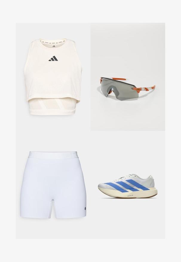 Baltas sportinis trumpas tank topas, pagamintas iš kvėpuojančios medžiagos. Turi apvalų iškirpimą, perforuotą tekstūrą ir juodą logotipą priekyje.; Balti šortai su lygiu, tamprių audiniu. Apima tvirtą juostos viršų su išspausdintu tekstu ir mažu logotipu apatiniame šone.; Balti sportiniai batai su mėlynomis juostelėmis, tekstūruota viršutinė dalis, plokščias padas ir „LIGHTSTRIKE PRO“ prekės ženklas šone. Žemas profilis.; Sportiniai akiniai nuo saulės su pilku lęšiu, oranžinėmis detalėmis ir raštuotomis baltomis kojelėmis. Sukurta našumui, su apvalia forma.