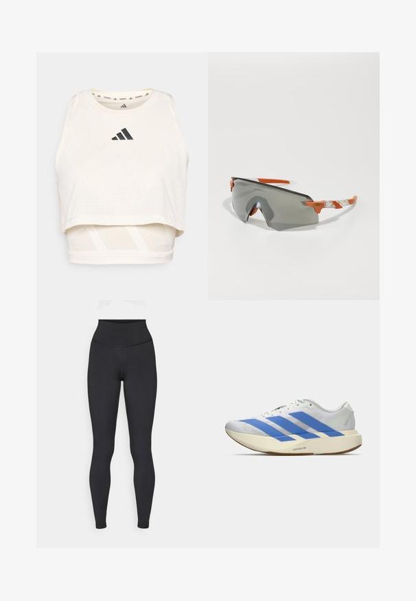 Top sportiv scurt alb, realizat dintr-un material respirabil. Dispune de un decolteu rotund, textură perforată și un logo negru pe față.; Leggings negre cu talie înaltă, fabricate dintr-un material elastic, având o textură netedă și un design ajustat, fără logo-uri sau modele vizibile.; Pantofii sport albi cu dungi albastre, partea superioară texturată, talpăplată și branding "LIGHTSTRIKE PRO" pe lateral. Design cu profil jos.; Ochelari de soare sport cu lentile gri, accente portocalii și brațe albe cu model. Concepuți pentru performanță, cu o formă învăluită.