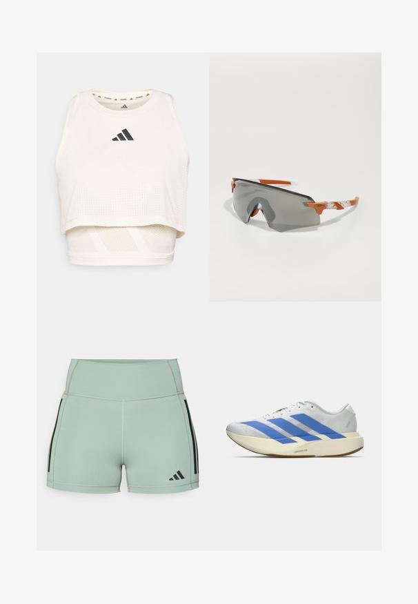 White athletic crop tank top made from breathable fabric. Features a round neckline, perforated texture, and a black logo on the front.; Short athletic shorts in light mint green fabric, featuring black side stripes and logo, with flatlock seams for added comfort.; White athletic shoe with blue stripes, textured upper, flat sole, and "LIGHTSTRIKE PRO" branding on the side. Low-profile design.; Sport sunglasses with a gray lens, orange accents, and patterned white arms. Designed for performance with a wraparound shape.