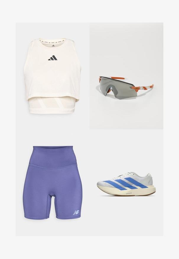 White athletic crop tank top made from breathable fabric. Features a round neckline, perforated texture, and a black logo on the front.; High-waisted purple shorts made of stretchy fabric, featuring a fitted design, smooth texture, and a small white logo on the lower leg.; White athletic shoe with blue stripes, textured upper, flat sole, and "LIGHTSTRIKE PRO" branding on the side. Low-profile design.; Sport sunglasses with a gray lens, orange accents, and patterned white arms. Designed for performance with a wraparound shape.