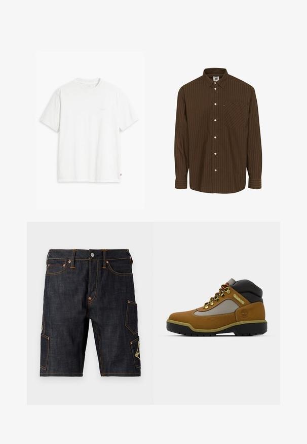 Weißes Baumwoll-T-Shirt mit kurzen Ärmeln, Rundhalsausschnitt und dezentem Levi's-Logo in der Mitte. Weicher Stoff und normale Passform.; Braun gestreifte Hemdjacke mit Kragen, langen Ärmeln und einer Brusttasche; verfügt über weiße Knöpfe und einen strukturierten Stoff.; Dunkelblaue Denim-Shorts mit geradem Schnitt, ausgestattet mit kontrastierender oranger Naht, fünf Taschen und einer Cargo-Tasche mit einem Emblem.; Brauner Wanderschuh mit grauen und schwarzen Akzenten, Obermaterial aus strukturiertem Leder, Metallösen und einer robusten Gummisohle für Traktion.