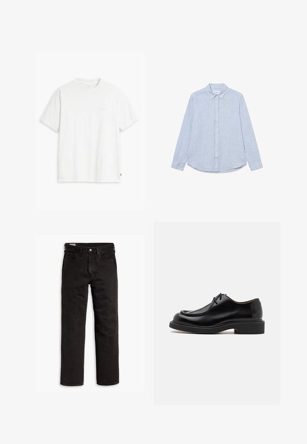 Witte katoenen T-shirt met korte mouwen, ronde hals en subtiele Levi's logo gedrukt in het midden. Zachte textuur en standaard pasvorm.; Lichtblauw button-up overhemd met witte strepen, lange mouwen, kraag, afgeronde zoom en subtiele logodetail op de borst. Katoenen materiaal.; Zwarte recht gesneden denim jeans met vijf zakken, knoopsluiting en riemlussen, plat gelegd op een witte achtergrond.; Zwarte leren schoen met een ronde neus, gestikte details, minimale veters en een dikke rubberen zool voor grip en duurzaamheid.