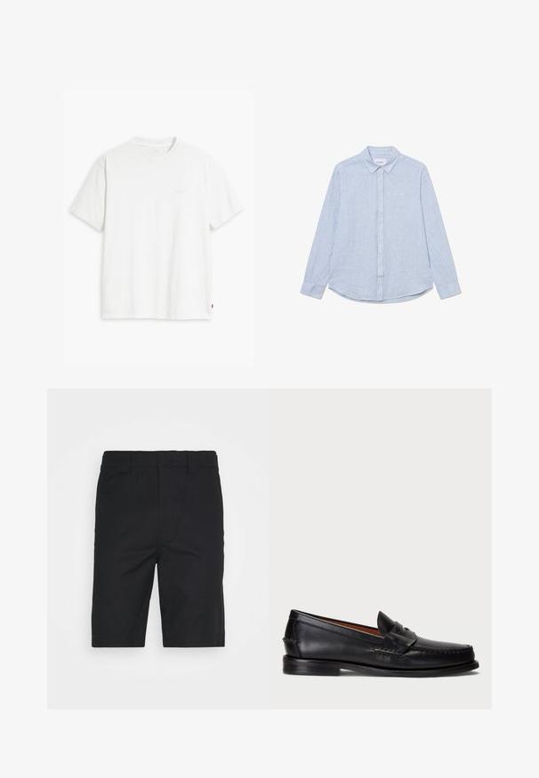 Balta medvilninė marškinė su trumpomis rankovėmis, apvaliu kaklu ir subtiliu Levi's logotipu viduryje. Minkšta tekstūra ir standartinė išvaizda.; Šviesiai mėlynas marškinėlių mygtukų užsegimas su baltais dryžiais, ilgomis rankovėmis, apykakle, suapvalintu hemu ir subtiliu logotipo detalėmis ant krūtinės. Pagaminti iš medvilnės.; Juodos medvilnės šortai su tiesiu kirpimu, diržo kilpos ir tvarkinga apdaila. Turi paslėptus priekiniai kišenes ir lygų paviršių.; Juodos odinės loafers tipo batai su apvaliu pirštu, siuvinėta detalė ir dekoratyvine juostele per priekį. Plokščias padas su minimalia profiliu.