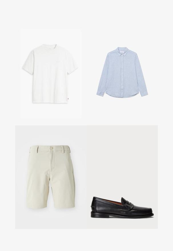 Hvit bomull t-skjorte med korte ermer, rund hals og subtilt Levi's-logo trykt i midten. Myk tekstur og standard passform.; Lyseblå knapp-up skjorte med hvite striper, lange ermer, krage, avrundet hem og subtil logo detalj på brystet. Laget av bomull.; Beige shorts laget av lettstoff, med flat front, beltesløyfer og en knappelukking. Enkel, ren design uten mønstre.; Sorte lær loafer med rund tå, broderte detaljer og et dekorativt bånd over fronten. Flat såle med minimal profil.