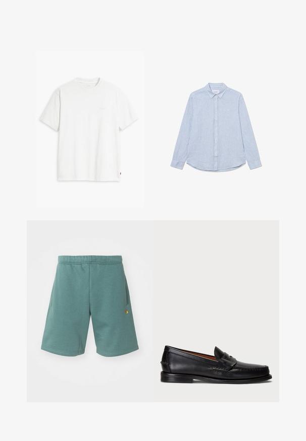 T-shirt en coton blanc à manches courtes, col rond, avec un logo Levi's discret imprimé au centre. Texture douce et coupe standard.; Chemise boutonnée bleu clair avec des rayures blanches, manches longues, col, ourlet arrondi et logo discret sur la poitrine. Matière en coton.; Shorts en mélange de coton de couleur bleu canard avec une taille élastique, des poches latérales et un petit logo doré en accent sur le bas de la jambe.; Mocassin en cuir noir avec un bout arrondi, des détails cousus et une sangle décorative à l'avant. Semelle plate avec un profil minimal.