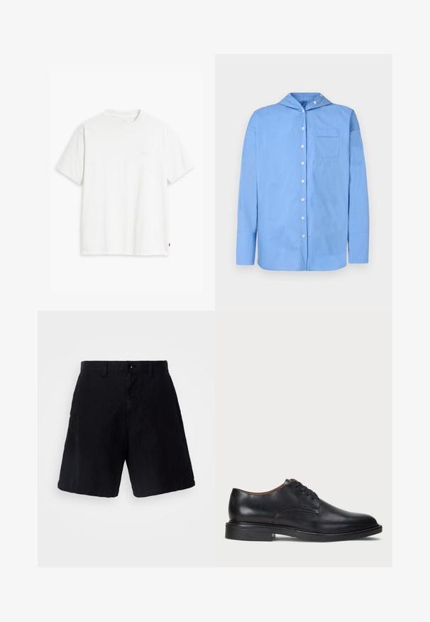 T-shirt en coton blanc à manches courtes, col rond, avec un logo Levi's discret imprimé au centre. Texture douce et coupe standard.; Chemise bleue à manches longues avec un motif à carreaux, bouton avant, col pointu et une unique poche poitrine. Fabriquée en tissu léger.; Shorts noirs en tissu léger avec une coupe décontractée, dotés d'une fermeture à bouton, de passants de ceinture et de poches latérales.; Chaussure de ville en cuir noir avec un bout rond, un laçage et un petit talon empilé. Texture lisse avec des détails de couture minimaux.