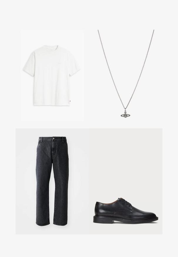 Bela bombažna majica s kratkimi rokavi, okroglim ovratnikom in subtilnim logotipom Levi's, natisnjenim na sredini. Mehak material in standardna oblika.; Črna bluza z dolgimi rokavi, gumbom in nazobčanim ovratnikom, vidno blagovno znamko znotraj ovratnika ter ukrivljenim robom.; Črne jeanske hlače s ravnim krojem, z zapiranjem na gumb, petimi žepi in subtilno teksturo. Klasična zasnova brez izrazitih vzorcev.; Črne usnjene oblečne čevlje s krožno konico, zavezovanje z vezalkami in nizko plastiko. Gladka tekstura z minimalnimi šivi.; Srebrna verižica z obeskom v obliki planeta, okrašena z majhnimi detajli in zapletenimi vzorci.