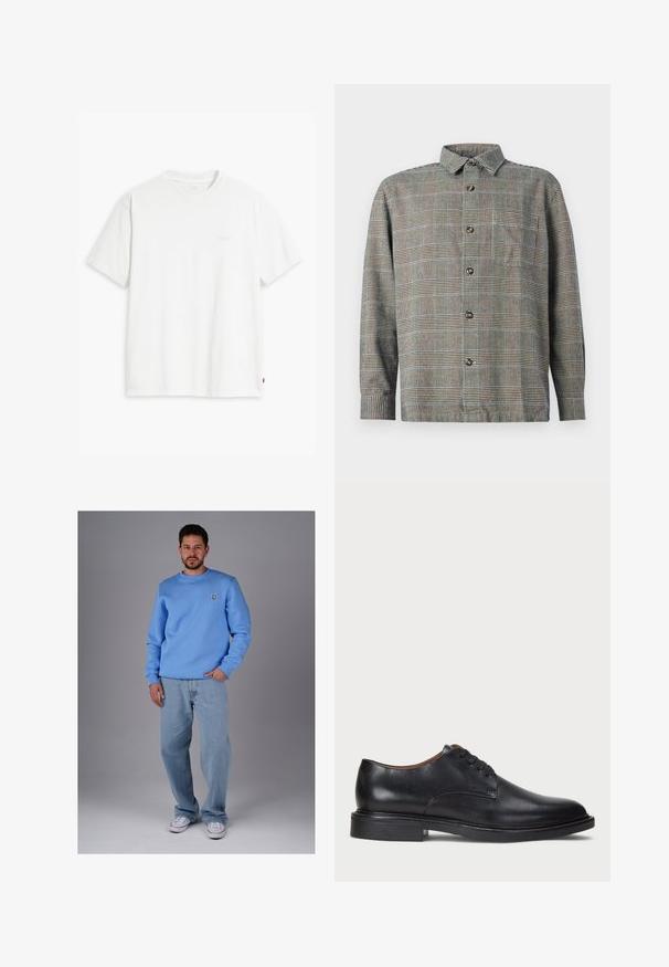 Weißes Baumwoll-T-Shirt mit kurzen Ärmeln, rundem Ausschnitt und einem dezenten "Levi's"-Logo in heller Farbe auf der Vorderseite.; Langärmliges Button-Down-Hemd mit beigem und schwarzem Karomuster, mit Kragen und Brusttasche auf einfarbigem Hintergrund.; Helles blaues Sweatshirt aus Baumwollmischung, mit einem gerippten Rundhalsausschnitt und einem kleinen Logo auf der Brust, kombiniert mit hellen Jeans.; Schwarze Lederdressschuhe mit runder Zehenform, Schnürdesign und niedrigem gestapeltem Absatz. Glatte Textur mit minimalen Nähten.