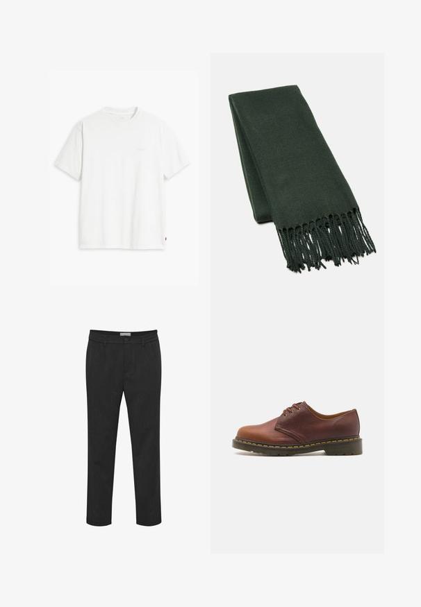 Weißes Baumwoll-T-Shirt mit kurzen Ärmeln, rundem Ausschnitt und einem dezenten "Levi's"-Logo in heller Farbe auf der Vorderseite.; Junger Mann mit lockigem Haar, der ein rotkariertes Hemd über einem weißen Tanktop, schwarze Hosen trägt, sichtbar tätowierte Hände und einen sichtbaren Nacken hat sowie silberne Ringe.; Schwarze Hose aus einem glatten Stoff, mit Knopfverschluss und Gürtelschlaufen. Gerades Bein Design mit einer dezenten Textur.; Braunes Leder-Schuh mit glatter Oberfläche, runder Zehenform und fünf Ösen-Schnürung. Verfügt über gelbe Nähte entlang der Sohle und eine strukturierte Ferse.; Dunkelgrüner Schal aus weichem Stoff, mit einem schlichten Design und fransigen Kanten für zusätzliche Textur.