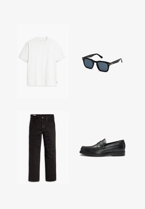Bílá bavlněná tričko s krátkými rukávy, klasickým výstřihem a decentním logem Levi's vytištěným uprostřed. Měkká textura a standardní střih.; Černé džíny rovného střihu s pěti kapsami, zapínáním na knoflík a poutky na opasek, položené na bílém pozadí.; Černé kožené mokasíny s kulatou špičkou a prošívaním, s ozdobným páskem přes nárt a nízkým podpatkem.; Černé sluneční brýle čtvercového tvaru s tmavými skly, matným povrchem a zlatými kovovými akcenty na spáncích, vyznačující se minimalistickým designem.