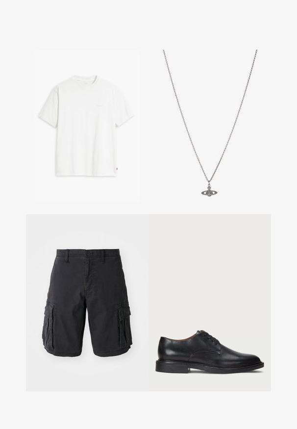 Witte katoenen T-shirt met korte mouwen, ronde hals en subtiele Levi's logo gedrukt in het midden. Zachte textuur en standaard pasvorm.; Zwarte cargoshorts van katoen, met meerdere zijzakken, een knoopsluiting en een relaxte pasvorm. Soepel textuur en sterke naden.; Zwart leren dresschoen met een ronde neus, vetersluiting en een lage gestapelde hak. Gladde textuur met minimale stiksels.; Zilveren ketting met een gedetailleerde hanger in de vorm van een planeet, versierd met kleine accenten en verfijnde patronen.