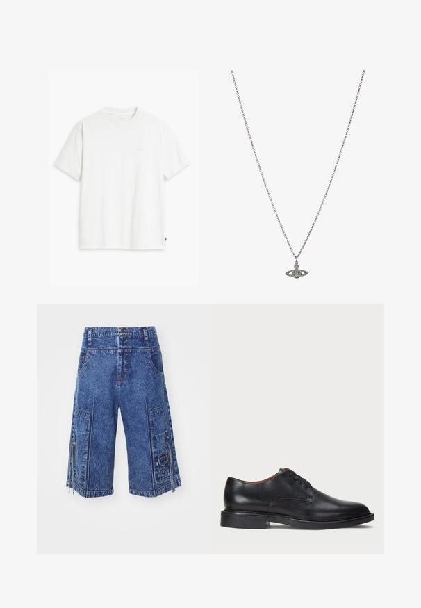 Bílé bavlněné tričko s krátkými rukávy, kulatým výstřihem a jemným logem "Levi's" tištěným světle barvou na přední straně.; Džínové cargo šortky ve středně modré barvě s předními kapsami, bočními cargo kapsami a detaily se zipem. Mají rovný střih a texturovanou tkaninu.; Černé kožené společenské boty s kulatou špičkou, šněrováním a nízkým podpatkem. Hladký povrch s minimálním šitím.; Stříbrný řetízek s detailním přívěskem ve tvaru planety, zdobený malými akcenty a složitými vzory.