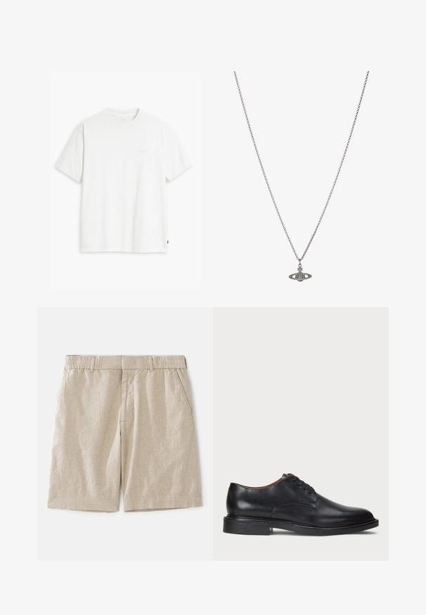 Bílá bavlněná tričko s krátkými rukávy, klasickým výstřihem a decentním logem Levi's vytištěným uprostřed. Měkká textura a standardní střih.; Béžové lněné šortky s uvolněným střihem, s elastickým pasem a postranními kapsami. Hladká textura s jemným tkaným vzorem.; Černé kožené společenské boty s kulatou špičkou, šněrováním a nízkým podpatkem. Hladký povrch s minimálním šitím.; Stříbrný řetízek s detailním přívěskem ve tvaru planety, zdobený malými akcenty a složitými vzory.