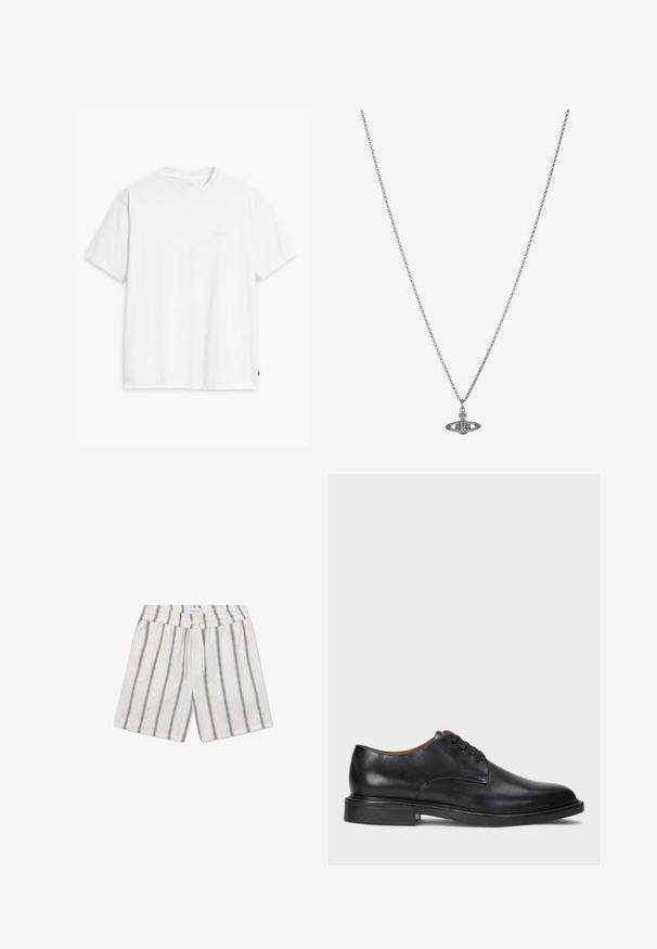Bílá bavlněná tričko s krátkými rukávy, klasickým výstřihem a decentním logem Levi's vytištěným uprostřed. Měkká textura a standardní střih.; Lněné kraťasy v krémové barvě s námořnickými vertikálními pruhy. Mají elastický pas a šňůrku pro nastavitelný fit.; Černé kožené společenské boty s kulatou špičkou, šněrováním a nízkým podpatkem. Hladký povrch s minimálním šitím.; Stříbrný řetízek s detailním přívěskem ve tvaru planety, zdobený malými akcenty a složitými vzory.