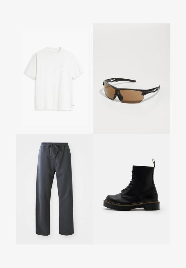 Weißes Baumwoll-T-Shirt mit kurzen Ärmeln, Rundhalsausschnitt und dezentem Levi's-Logo in der Mitte. Weicher Stoff und normale Passform.; Schwarze, elastische Hose mit einem Gummizug und Kordelzug, mit geradem Bein und glatter Textur. Keine sichtbaren Taschen oder Muster.; Schwarze Leder-Ankle-Boots mit schnürbarem Vorderteil, gelben Nähten, runder Zehenpartie und dicker, strukturierter Gummisohle.; Sportsonnenbrille mit schwarzem Rahmen, bräunlich getönten Gläsern und strukturierten schwarzen Akzenten an den Schläfen. Leichtes und aerodynamisches Design.