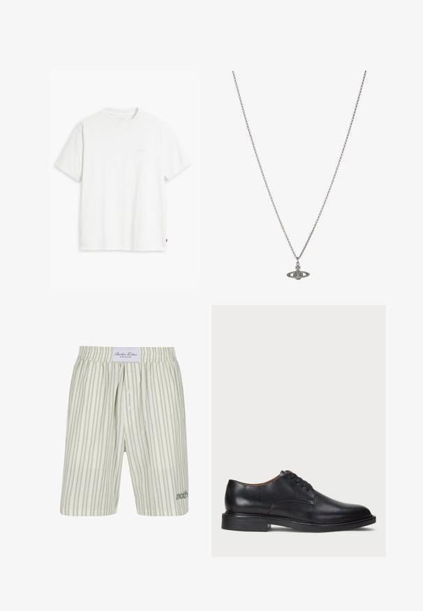 Balta medvilninė marškinė su trumpomis rankovėmis, apvaliu kaklu ir subtiliu Levi's logotipu viduryje. Minkšta tekstūra ir standartinė išvaizda.; Šviesiai žali dryžuoti medvilniniai šortai su raišteliu juosmenyje, priekiniais mygtukais ir subtiliu logotipo detalumu apatiniame kairiajame kampe.; Juodas odinis suknių batelis su apvalia nosimi, raišteliais ir žemu, sukrautu kulnu. Lygus paviršius su minimaliais siuvinėjimo detalėmis.; Sidabrinė grandinėlė su detaliu pakabuku planetos forma, papuošta mažomis detalėmis ir sudėtingais raštais.