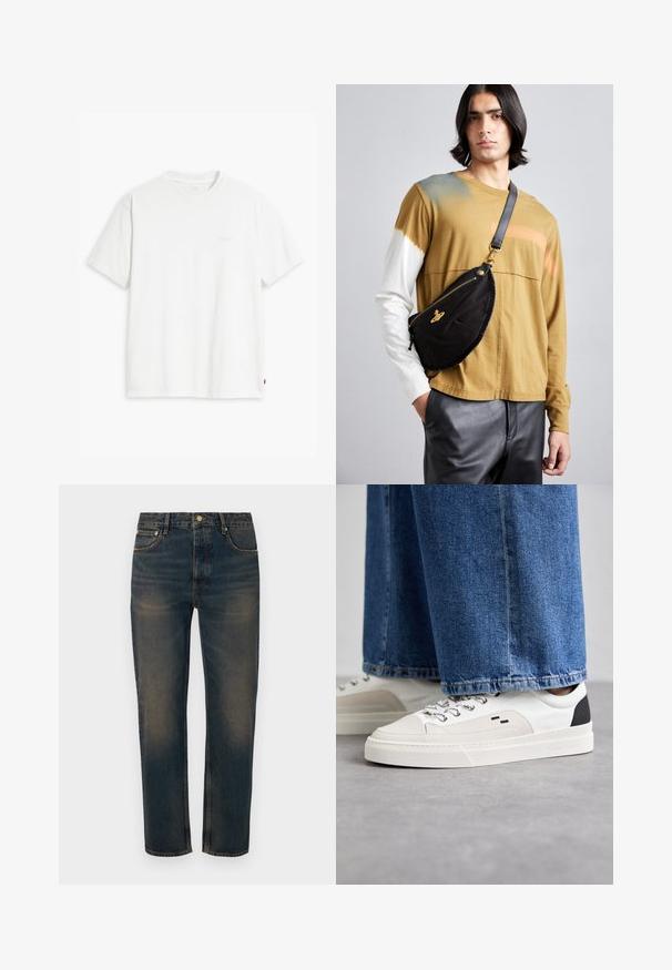 T-shirt bianca in cotone con maniche corte, colletto tondo e logo Levi's discreto stampato al centro. Texture morbida e vestibilità standard.; Jeans in denim blu scuro con fit dritto, design a cinque tasche, chiusura con bottone e dettagli di leggera scoloritura per una texture distintiva.; Sneaker bianche e nere con parte superiore in pelle liscia, dettagli testurizzati e suola bianca spessa. Presentano un classico design con lacci.; Vivienne Westwood CITY BUMBAG UNISEX - Marsupio - black; AGNELLE RICK - Guanti - tmoka