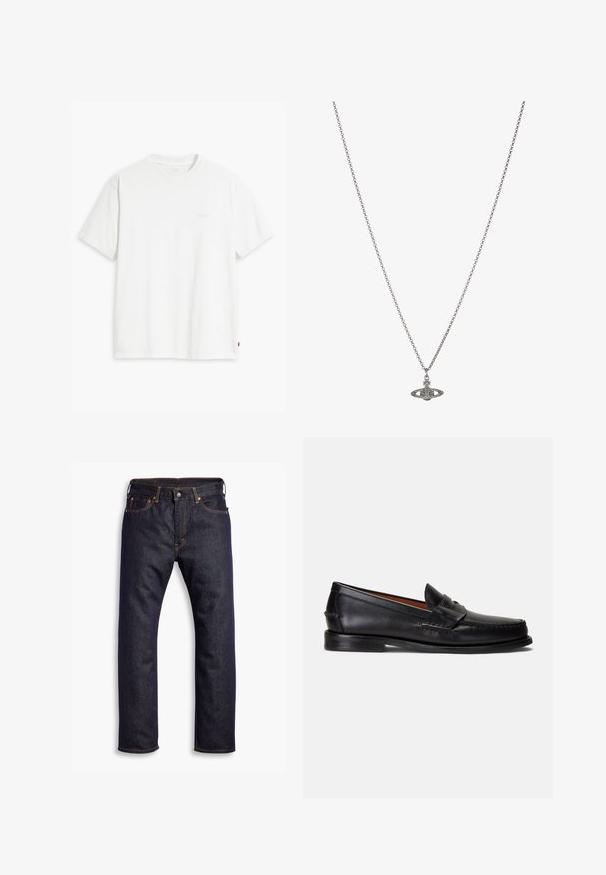 Biały bawełniany t-shirt z krótkimi rękawami, okrągłym dekoltem i subtelnym, jasnym nadrukiem z logo "Levi's" na przodzie.; Ciemnoniebieskie dżinsy o prostym kroju z pięcioma kieszeniami i pomarańczowymi szwami kontrastowymi, ułożone na białym tle.; Czarne skórzane mokasyny z gładkim wykończeniem, zaokrąglonym noskiem i ozdobnym paskiem na cholewce. Posiadają niską czarną podeszwę.; Srebrny naszyjnik z łańcuchem z ozdobnym wisiorkiem w kształcie planety, zdobionym małymi akcentami i skomplikowanymi wzorami.