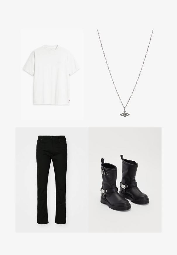 Valkoinen puuvillainen t-paita, jossa on lyhyet hihat, pyöreä pääntie ja etupuolella vaalealla värillä painettu hillitty "Levi's"-logo.; Mustat farkut suoran lahkeen muotoilulla, viisi-taskuisella tyylillä ja nappisuljennalla. Sujuva pinta, jossa on hienovaraisia ompeluyksityiskohtia.; Mustat nahkaiset nilkkakengät, joissa on kestävä pohja, sivuilla solkiremmillä ja koristeellista metallia. Sujuva pinta ja vetoketju.; Hopeaketju, jossa on yksityiskohtainen riipus planeetan muodossa, koristeltuna pienillä yksityiskohdilla ja monimutkaisilla kuvioilla.