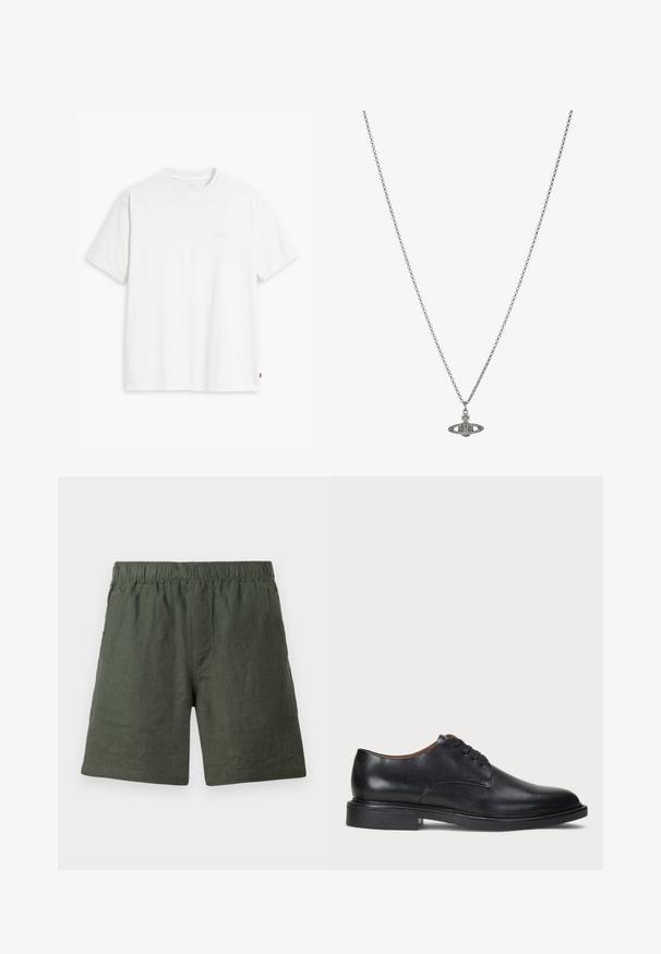 T-shirt en coton blanc à manches courtes, col rond, avec un logo Levi's discret imprimé au centre. Texture douce et coupe standard.; Bermudas en lin léger vert avec une taille élastique, coupe droite et une texture lisse, présentant une simple couture sans embellissements supplémentaires.; Chaussure de ville en cuir noir avec un bout rond, un laçage et un petit talon empilé. Texture lisse avec des détails de couture minimaux.; Collier en chaîne en argent présentant un pendentif détaillé en forme de planète, orné de petites accents et de motifs complexes.