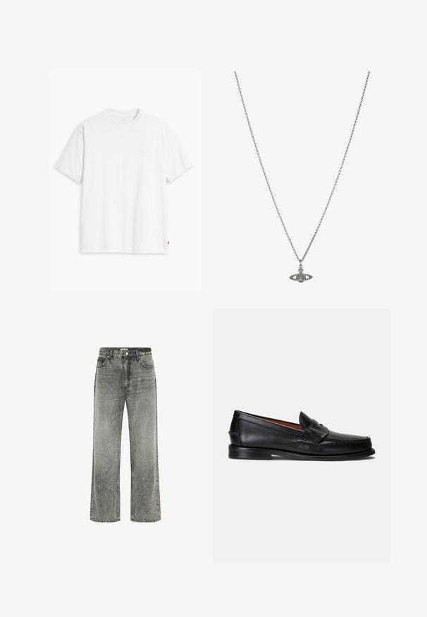 Bela bombažna majica s kratkimi rokavi, okroglim ovratnikom in subtilnim logotipom Levi's, natisnjenim na sredini. Mehak material in standardna oblika.; Sive široke kavbojke izdelane iz denima z izbledenim finišem. Imajo sprednje žepke, pasne zanke ter zadrgo in gumb za zapiranje.; Črni usnjeni loaferji z gladkim zaključkom, zaobljenim koničkom in okrasnim trakom čez zgornji del. Imajo nizko črno podplato.; Srebrna verižica z obeskom v obliki planeta, okrašena z majhnimi detajli in zapletenimi vzorci.