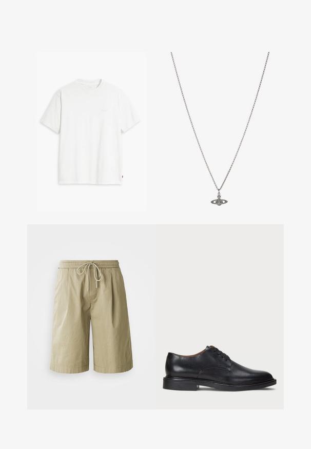 Bílá bavlněná tričko s krátkými rukávy, klasickým výstřihem a decentním logem Levi's vytištěným uprostřed. Měkká textura a standardní střih.; Béžové bavlněné šortky s elastickým pasem a šňůrkou na stažení. Mají boční kapsy a uvolněný, rovný střih.; Černé kožené společenské boty s kulatou špičkou, šněrováním a nízkým podpatkem. Hladký povrch s minimálním šitím.; Stříbrný řetízek s detailním přívěskem ve tvaru planety, zdobený malými akcenty a složitými vzory.