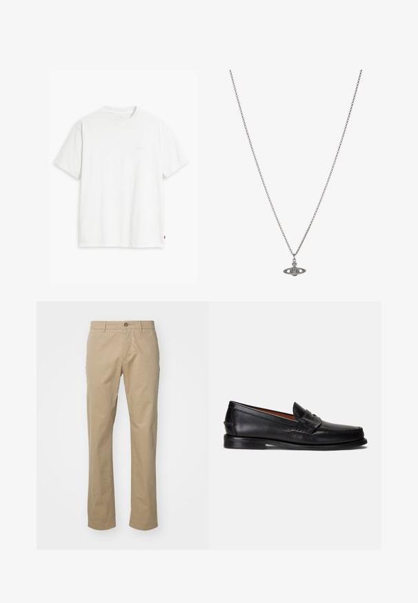 White cotton t-shirt with short sleeves, round neckline, and a subtle "Levi's" logo printed in light color on the front.; Beige chinos with a straight leg design, crafted from cotton fabric, featuring a single front button and standard waistband with belt loops.; Black leather loafers with a smooth finish, rounded toe, and a decorative band across the upper. Features a low black sole.; Silver chain necklace featuring a detailed pendant in the shape of a planet, adorned with small accents and intricate patterns.