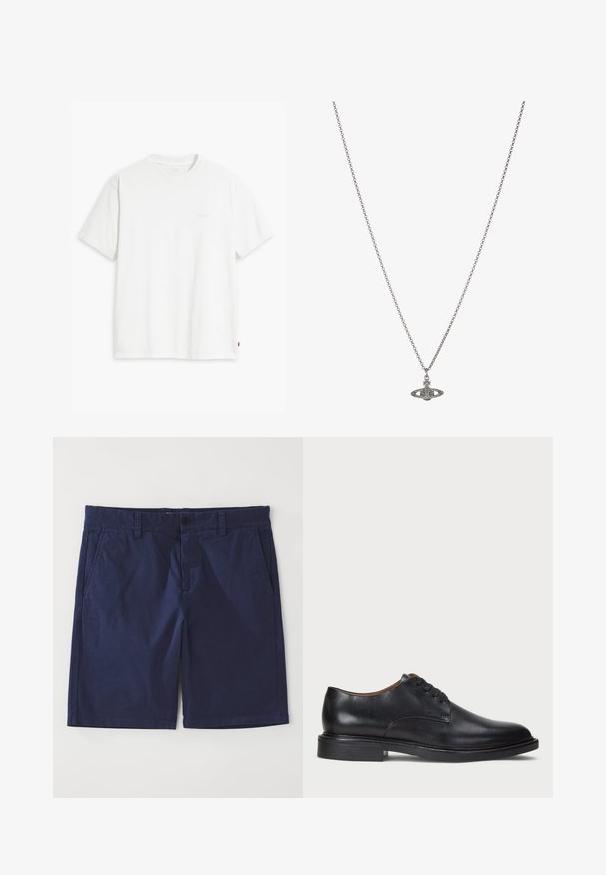 Witte katoenen T-shirt met korte mouwen, ronde hals en subtiele Levi's logo gedrukt in het midden. Zachte textuur en standaard pasvorm.; Donkerblauwe katoenen shorts met een rechte snit, voorzien van riemlussen, een voorknopsluiting en twee zijzakken. Stevige textuur.; Zwart leren dresschoen met een ronde neus, vetersluiting en een lage gestapelde hak. Gladde textuur met minimale stiksels.; Zilveren ketting met een gedetailleerde hanger in de vorm van een planeet, versierd met kleine accenten en verfijnde patronen.