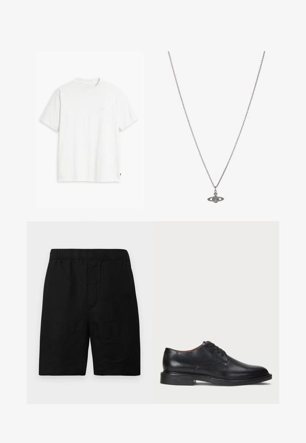 Valkoinen puuvillainen t-paita, jossa on lyhyet hihat, pyöreä pääntie ja etupuolella vaalealla värillä painettu hillitty "Levi's"-logo.; Mustat shortsit, joissa on joustava vyötärönauha, valmistettu teksturoidusta kankaasta, suora leikkaus ilman näkyviä taskuja tai koristeita.; Musta nahkakenkä, jossa on pyöreä varvas, nauhakiinnitys ja matala tukipohja. Tasainen pinta, jossa on minimaalinen ommeltu yksityiskohta.; Hopeaketju, jossa on yksityiskohtainen riipus planeetan muodossa, koristeltuna pienillä yksityiskohdilla ja monimutkaisilla kuvioilla.