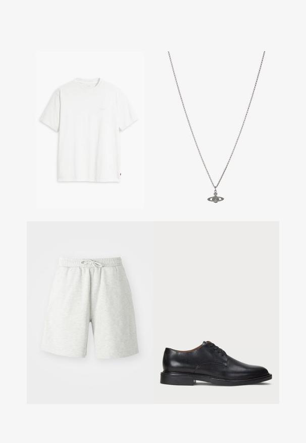 Balta medvilninė marškinė su trumpomis rankovėmis, apvaliu kaklu ir subtiliu Levi's logotipu viduryje. Minkšta tekstūra ir standartinė išvaizda.; Šviesiai pilki medvilniniai šortai su elastinga juosta, raišteliu ir šoninėmis kišenėmis. Minkštas audinys, kelio ilgio dizainas.; Juodas odinis suknių batelis su apvalia nosimi, raišteliais ir žemu, sukrautu kulnu. Lygus paviršius su minimaliais siuvinėjimo detalėmis.; Sidabrinė grandinėlė su detaliu pakabuku planetos forma, papuošta mažomis detalėmis ir sudėtingais raštais.