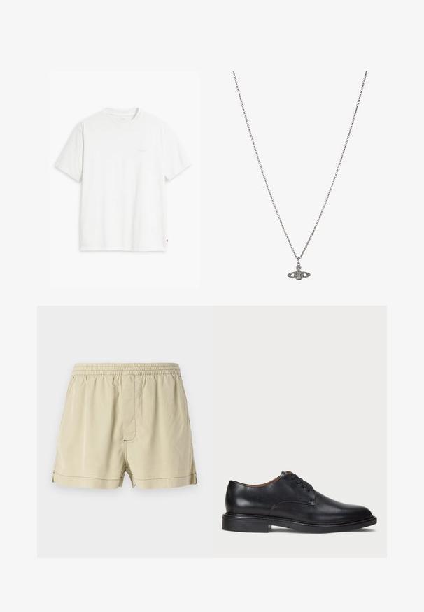 T-shirt en coton blanc à manches courtes, col rond, avec un logo Levi's discret imprimé au centre. Texture douce et coupe standard.; Shorts beiges en tissu léger avec une taille élastique, un devant plat et des coutures latérales. Présente une texture subtile et aucune poche.; Chaussure de ville en cuir noir avec un bout rond, un laçage et un petit talon empilé. Texture lisse avec des détails de couture minimaux.; Collier en chaîne en argent présentant un pendentif détaillé en forme de planète, orné de petites accents et de motifs complexes.