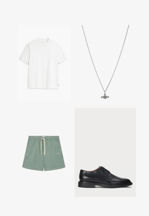 Bílá bavlněná tričko s krátkými rukávy, klasickým výstřihem a decentním logem Levi's vytištěným uprostřed. Měkká textura a standardní střih.; Zelené a bílé pruhované plavky s elastickým pasem, nastavitelnou šňůrkou a malým logem na dolní levé straně.; Černé kožené společenské boty s kulatou špičkou, šněrováním a nízkým podpatkem. Hladký povrch s minimálním šitím.; Stříbrný řetízek s detailním přívěskem ve tvaru planety, zdobený malými akcenty a složitými vzory.