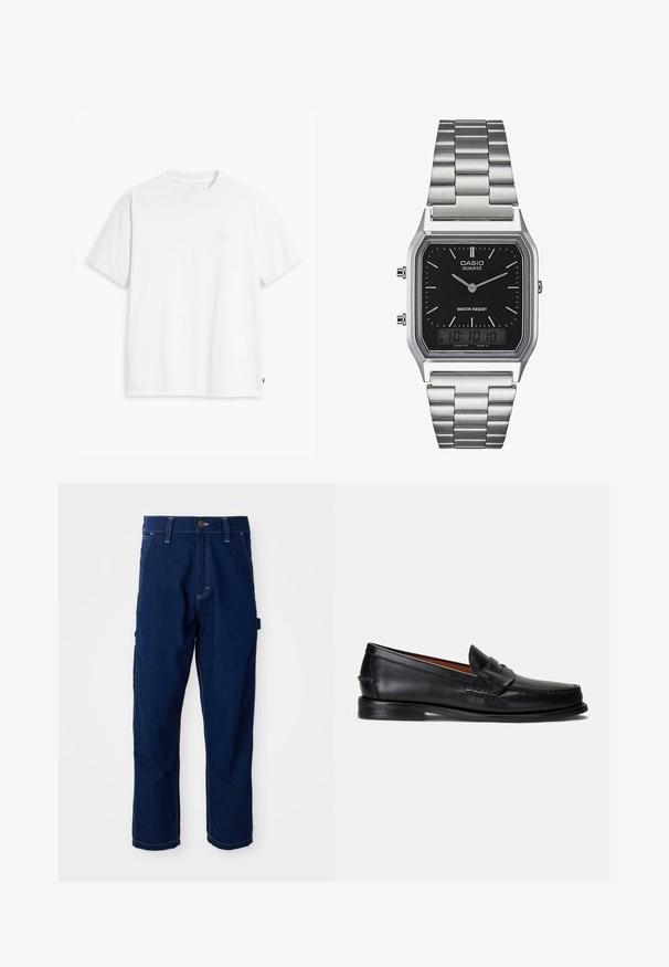 Fehér pamut rövid ujjú póló, kerek nyakkivágással és egy finom, világos színű "Levi's" logóval az elején.; Sötétkék, egyenes lábú farmer munkanadrág fehér varrásokkal, övhurkokkal, elülső zsebekkel és oldalsó segédfogó hurkkal, fehér háttér előtt.; Fekete bőrből készült mokaszinok sima felülettel, lekerekített orral és díszítő szalaggal a felsőrészén. Alacsony fekete talppal rendelkeznek.; Ezüst rozsdamentes acél kvarcóra fekete, téglalap alakú számlappal, analóg mutatókkal, digitális kijelzővel és vízállósági jelöléssel.