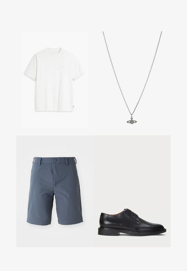 Bijela pamučna majica kratkih rukava, s okruglim izrezom i suptilno otisnutim Levi's logotipom u sredini. Mekana tekstura i standardni kroj.; Sive kratke hlače do koljena izrađene su od lagane tkanine; imaju kopčanje na dugme, petlje za remen i bočne džepove s glatkom teksturom.; Crne kožne cipele s okruglim vrhom, vezanjem i niskim stogom. Glatka tekstura s minimalnim šavovima.; Srebrna ogrlica s lancem koja sadrži detaljan privjesak u obliku planete, ukrašen malim akcentima i složenim uzorcima.