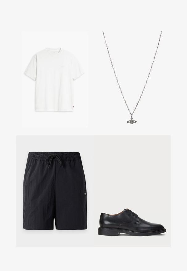 Biely bavlnený tričko s krátkymi rukávmi, okrúhlym výstrihom a jemným logom Levi's potlačeným v strede. Mäkčená textúra a štandardný strih.; Čierne plavecké šortky vyrobené z textúrovanej tkaniny, s elastickým pásom a šnúrkou na sťahovanie a malým logom na boku.; Čierne kožené spoločenské topánky s okrúhlym špičkou, šnurovacím dizajnom a nízkym zloženým podpätkom. Hladký povrch s minimálnymi švovými detailmi.; Strieborný retiazkový náhrdelník s detailným príveskom v tvare planéty, zdobený malými akcentmi a zložitými vzormi.