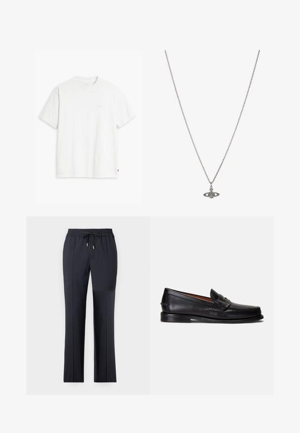 Vit bomulls t-shirt med korta ärmar, rundad halsringning och subtil Levi's-logotyp tryckt i mitten. Mjuk textur och standard passform.; Svarta, elastiska byxor med resårmidja och dragsko. Rak passform med sidofickor och en slät, mjuk struktur.; Svarta läderloafers med en slät yta, rundad tå och ett dekorativt band över vristen. Har en låg svart sula.; Silverkedja med hängsmycke i form av en planet, prydd med små detaljer och intrikata mönster.