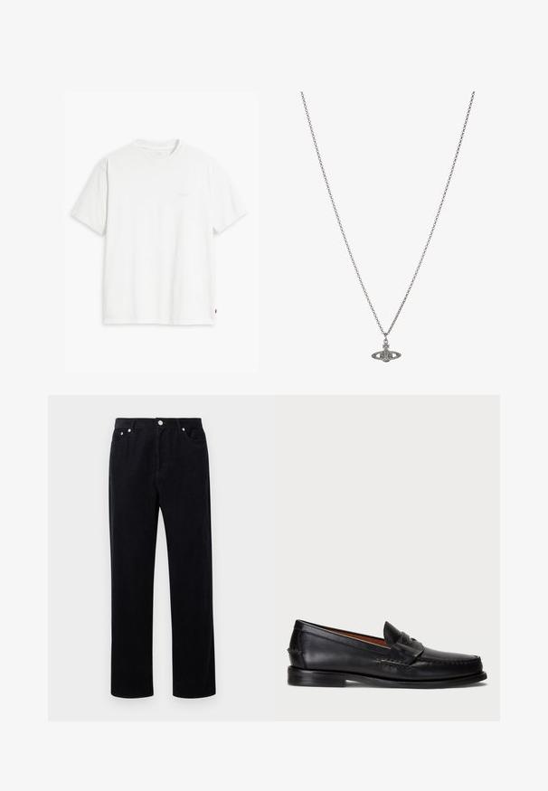 Witte katoenen T-shirt met korte mouwen, ronde hals en subtiele Levi's logo gedrukt in het midden. Zachte textuur en standaard pasvorm.; Zwarte corduroy broek met een recht model, voorzien van een knoop- en rits sluiting, vijf zakken en een zachte, gestructureerde stof.; Zwarte leren instapper met een ronde neus, gestikte details en een decoratieve band aan de voorkant. Platte zool met een minimaal profiel.; Zilveren ketting met een gedetailleerde hanger in de vorm van een planeet, versierd met kleine accenten en verfijnde patronen.