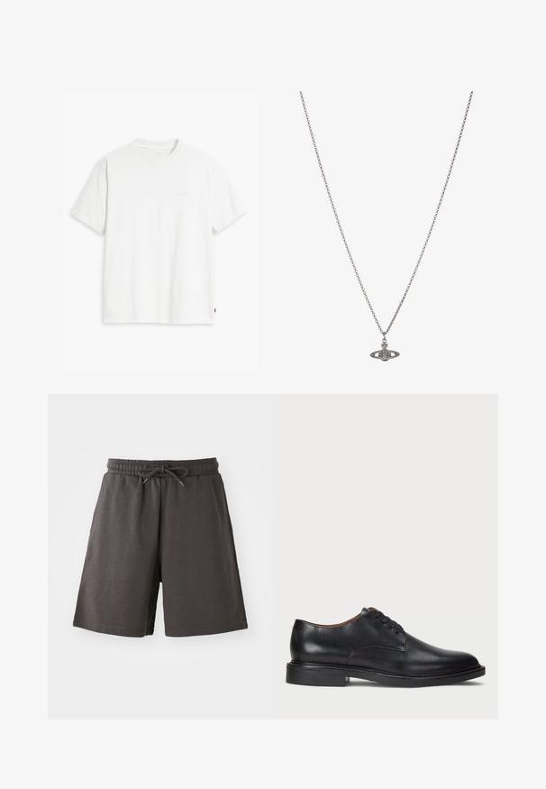 T-shirt en coton blanc à manches courtes, col rond, avec un logo Levi's discret imprimé au centre. Texture douce et coupe standard.; Shorts gris foncé en tissu doux, dotés d'une taille élastique, d'un cordon de serrage réglable et d'une coupe au niveau des genoux. Texture lisse, sans motifs.; Chaussure de ville en cuir noir avec un bout rond, un laçage et un petit talon empilé. Texture lisse avec des détails de couture minimaux.; Collier en chaîne en argent présentant un pendentif détaillé en forme de planète, orné de petites accents et de motifs complexes.