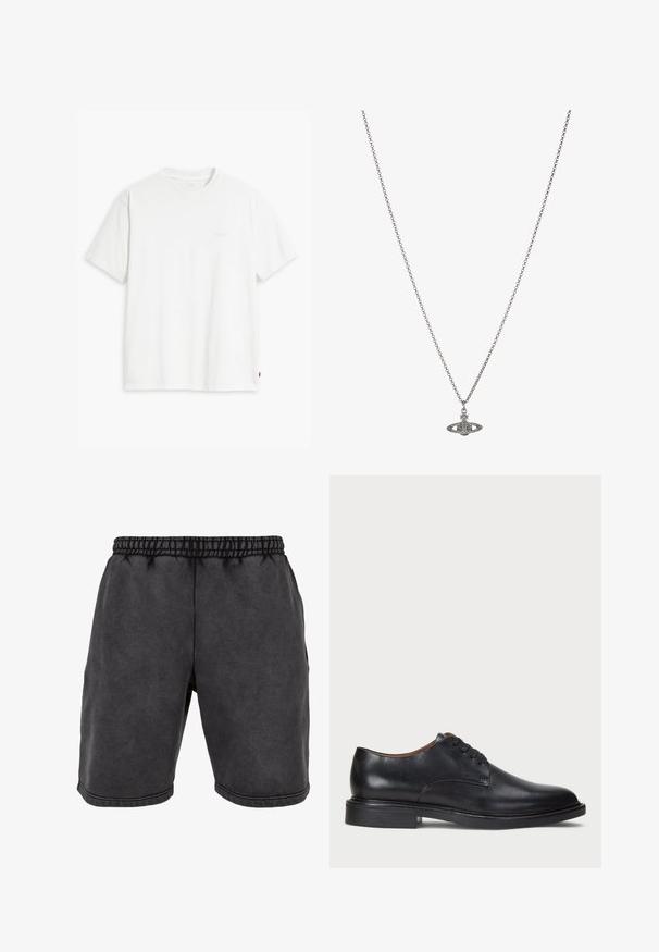 Bijela pamučna majica kratkih rukava, s okruglim izrezom i suptilnim "Levi's" logotipom u svijetloj boji na prednjoj strani.; Crne pamučne kratke hlače s elastičnim pojasom, koje imaju bočne džepove i dekorativne šavove. Tkanina ima mekan, mat izgled.; Crne kožne cipele s okruglim vrhom, vezanjem i niskim stogom. Glatka tekstura s minimalnim šavovima.; Srebrna ogrlica s lancem koja sadrži detaljan privjesak u obliku planete, ukrašen malim akcentima i složenim uzorcima.