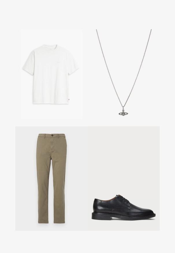 Bijela pamučna majica kratkih rukava, s okruglim izrezom i suptilno otisnutim Levi's logotipom u sredini. Mekana tekstura i standardni kroj.; Maslinasto zelene pamučne chinos hlače s ravnim krojem, prednjim zatvaračem na dugmad i bočnim džepovima. Glatka tekstura i minimalne detalje.; Crne kožne cipele s okruglim vrhom, vezanjem i niskim stogom. Glatka tekstura s minimalnim šavovima.; Srebrna ogrlica s lancem koja sadrži detaljan privjesak u obliku planete, ukrašen malim akcentima i složenim uzorcima.
