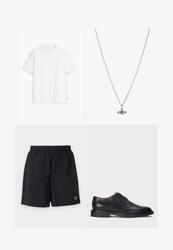 Witte katoenen T-shirt met korte mouwen, ronde hals en subtiele Levi's logo gedrukt in het midden. Zachte textuur en standaard pasvorm.; Zwarte shorts met een elastische tailleband, met een logolabel op de onderste rechterzijde, gemaakt van lichte stof met een gekreukt textuur.; Zwart leren dresschoen met een ronde neus, vetersluiting en een lage gestapelde hak. Gladde textuur met minimale stiksels.; Zilveren ketting met een gedetailleerde hanger in de vorm van een planeet, versierd met kleine accenten en verfijnde patronen.