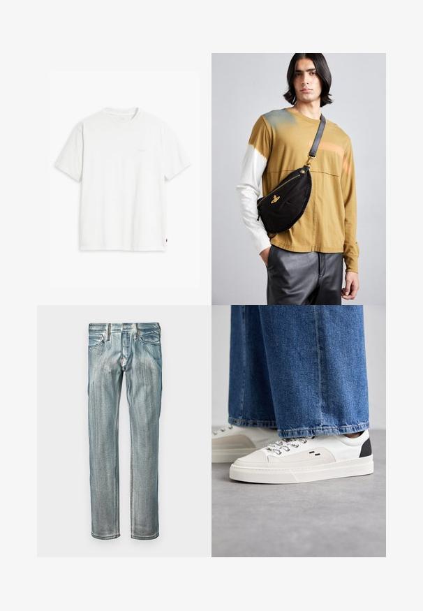 Bela bombažna majica s kratkimi rokavi, okroglim ovratnikom in subtilnim logotipom Levi's, natisnjenim na sredini. Mehak material in standardna oblika.; Modri kavbojke z ravnim krojem, z opranim videzom, petimi žepi in bakrenimi dodatki na pasu.; Bela in črna športna obuvala z gladkim usnjenim zgornjim delom, teksturiranimi detajli in masivnim belim podplatom. Imajo klasičen dizajn z vezalkami.; Vivienne Westwood CITY BUMBAG UNISEX - Torbica za okoli pasu - black; AGNELLE RICK - Rokavice - tmoka