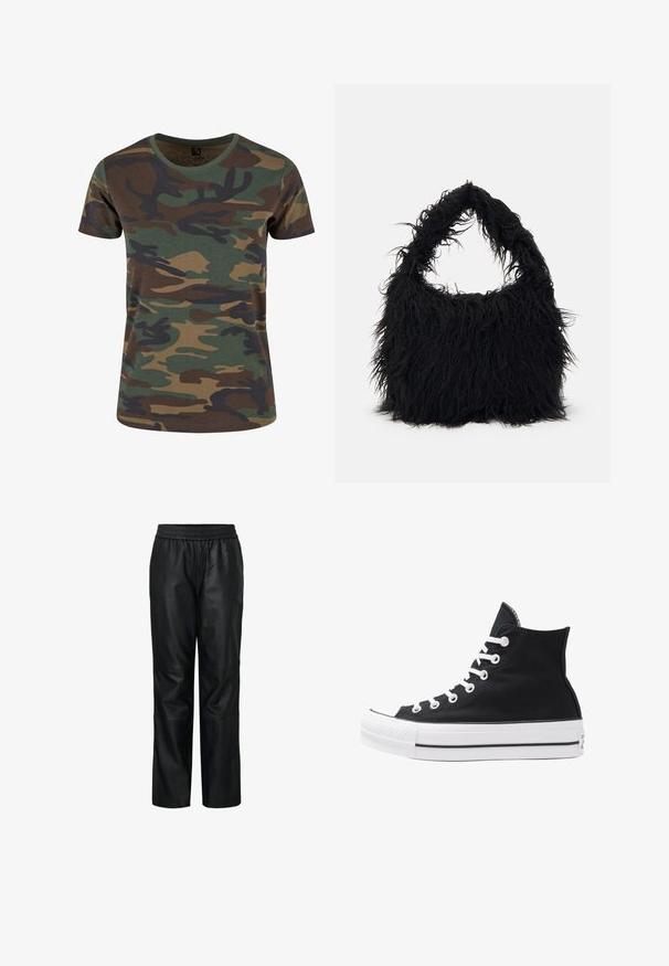 Brandit T-shirt print - woodland; Zwarte leren broek met een elastische tailleband, gestructureerd ontwerp, wijde benen, gladde textuur en zichtbare naden en paneeldetails.; Hoge zwarte canvas sneaker met witte oogjes, veters en rubberen zool. Beschikt over een gestructureerde neuskap en zwart-witte streepaccenten.; Even&Odd Shopper - black