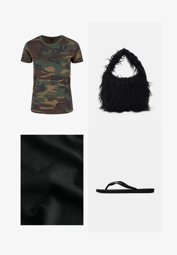 Brandit Trükipildiga T-särk - woodland; Must mustri tekstuuriga must puuvillane kangas, millel on kerged lokkid ja peened kudumimustrid. Materjal pakub pehmet ja paindlikku langet.; Musta kummist suss, millel on tekstuuriga eraldi sõrmeosa ja lihtne lame tald, kuva külgvaates üheltoonilise heleda tausta ees.; Even&Odd Kandekott - black