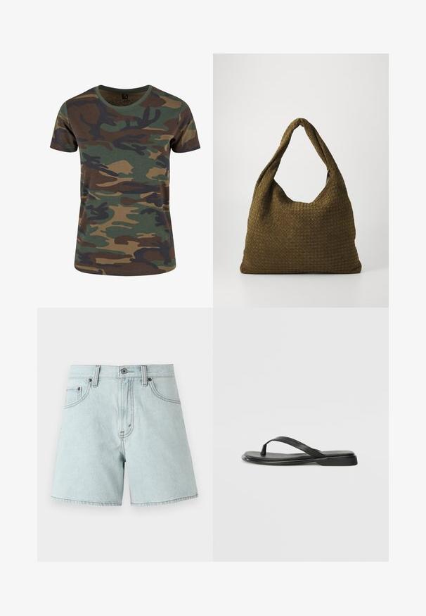 Brandit Trükipildiga T-särk - woodland; Heledad tumesinine denim lühikesed püksid kõrge vöökohaga, millel on kaks esist taskut, nööbiga sulgemine ja külgõmblused.; Musta sussumood, mis on valmistatud siledast nahast. Sellel on õhuke rihma disain ja lame tald minimaalsete joontega. Mingeid silmatorkavaid mustreid või aktsente ei ole.; Kootud kangast käekott oliivirohelises värvitoonis, avara ümar kuju ja ühekordne, piklik kandmisrihm. Tekstuuriga pind.
