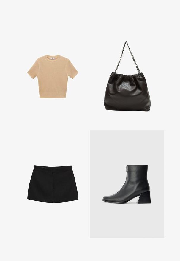 Beige pletený svetr s krátkým rukávem a kulatým výstřihem, který má texturovaný vzor a žebrovaný lem. Jednoduchý, přiléhavý střih.; Černá mini sukně se strukturovaným pasem, hladkou texturou a rovnou siluetou. Nemá žádné viditelné kapsy ani ozdoby.; Černá kožená kotníková bota se čtveratým špičkou, bočním zipem a blokovým podpatkem na jednobarevném světlem pozadí.; Hnědá kožená taška se sbíraným vrškem a řetízkovým popruhem. Hladký povrch s lesklým finišem a jemným švem na bocích.